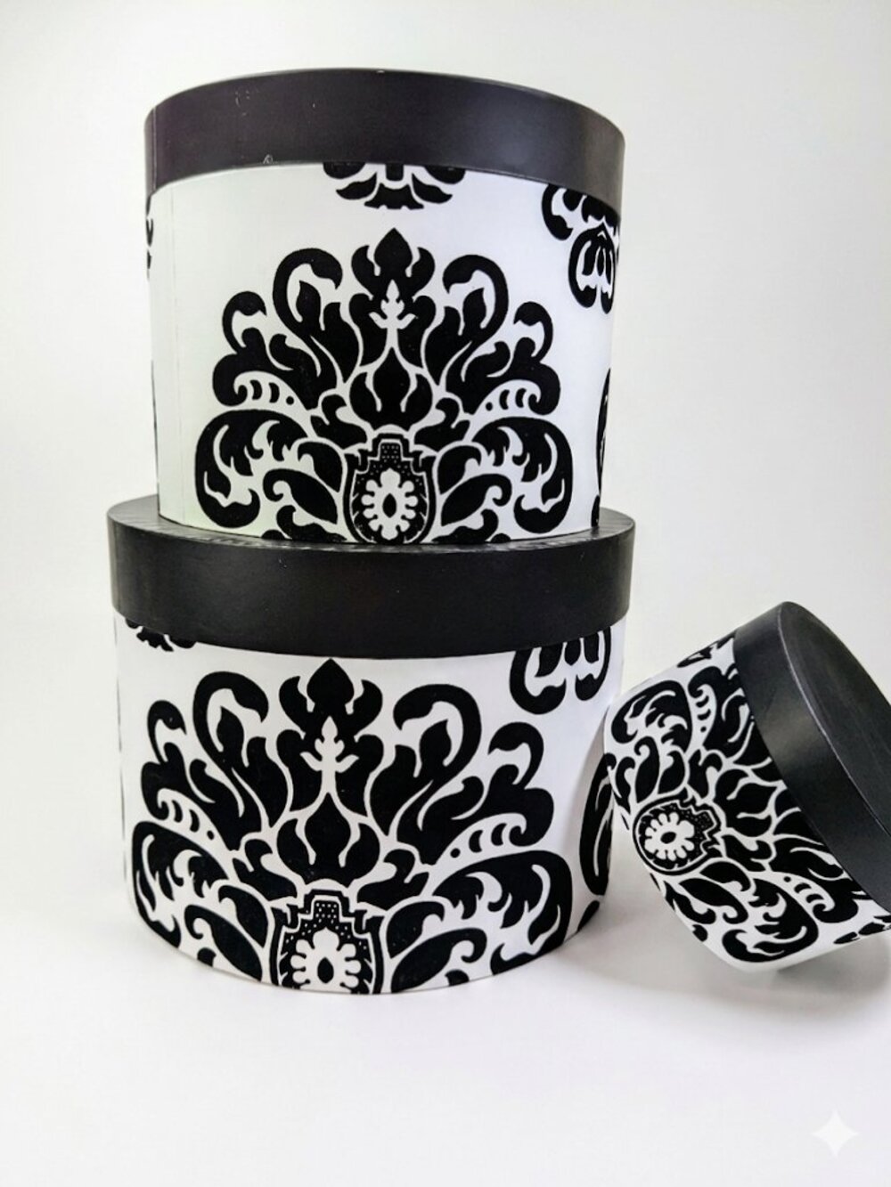 Set of 3 Vintage Flocked Damask Hat Boxes Black & White Round Nesting Storage